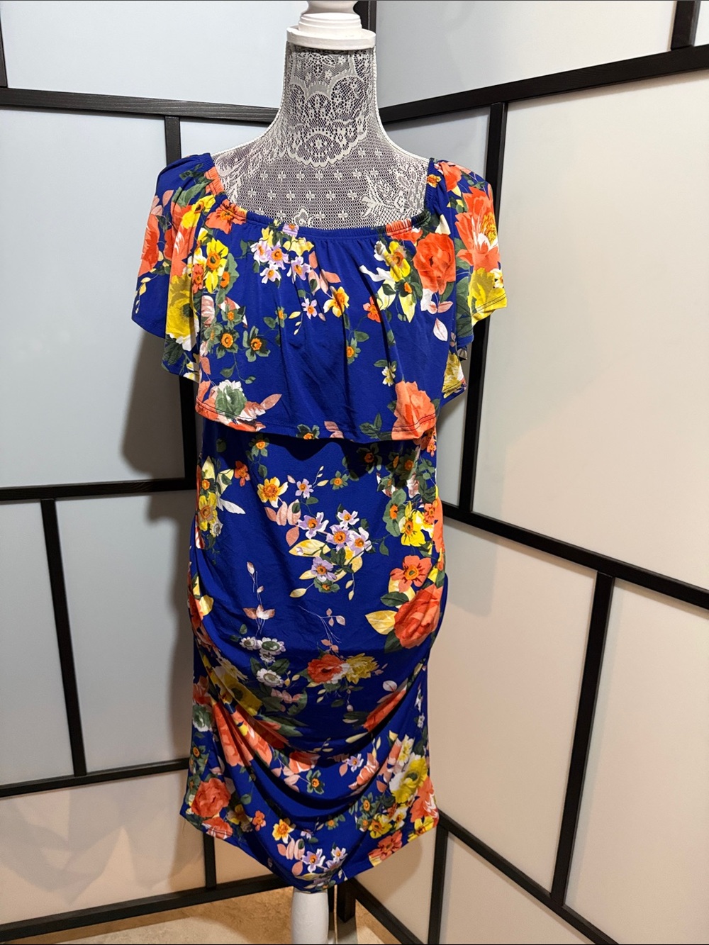 Royal Blue Floral Off-Shoulder Midi Dress